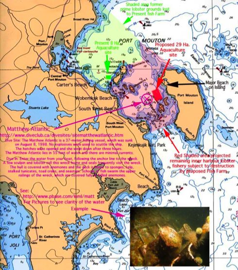 Map showing proposed location, and areas in the Bay where lobstering fishing has been affected.